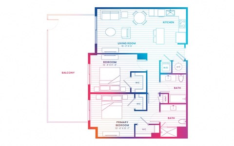 Floor plan for 2 beds, 2 baths, 1075 sqft